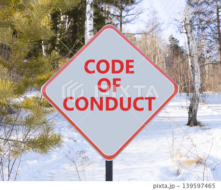 Code of conduct words symbol. Concept words Code of conduct on beautiful white road sign. Beautiful winter forest background. Business Code of conduct concept. Copy space. 139597465