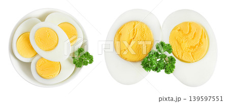 Boiled chicken egg in ceramic bowl isolated on white background. Top view. Flat lay Boiled chicken egg in ceramic bowl isolated on white background. Top view. Flat lay 139597551