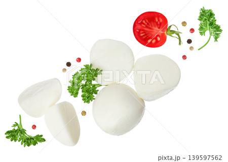Mini mozzarella balls with parsley leaf isolated on white background. Top view. Flat lay. Mini mozzarella balls with parsley leaf isolated on white background. Top view. Flat lay. 139597562