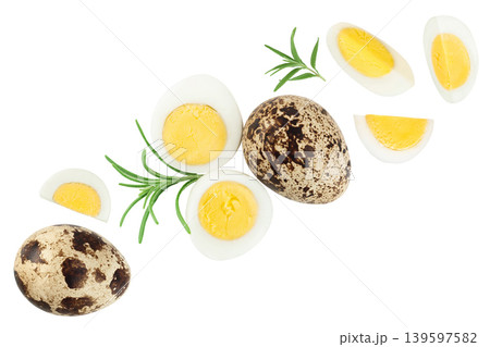 boiled quail egg isolated on white background with full depth of field. Top view. Flat lay 139597582