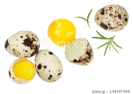 Raw quail egg isolated on white background with full depth of field. Top view. Flat lay Raw quail egg isolated on white background with full depth of field. Top view. Flat lay 139597584