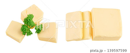 butter cubes isolated on white background with full depth of field. Top view. Flat lay butter cubes isolated on white background with full depth of field. Top view. Flat lay 139597599