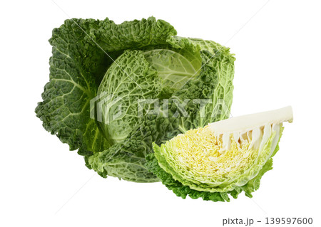 Savoy cabbage with slice isolated on white background with full depth of field Savoy cabbage with slice isolated on white background with full depth of field 139597600