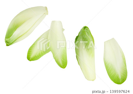 Chicory salad leaves isolated on white background with  full depth of field. Top view. Flat lay 139597624