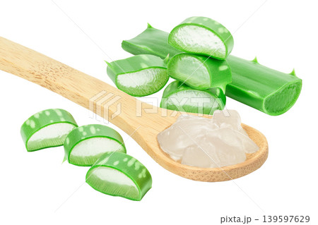 Aloe vera sliced in wooden spoon isolated on white background with full depth of field 139597629