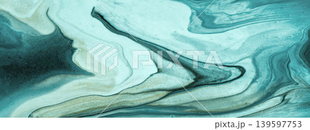 Abstract light turquoise acrylic pour fluid art background with marble texture and wavy pattern, macro surface Abstract light turquoise acrylic pour fluid art background with marble texture and wavy pattern, macro surface 139597753