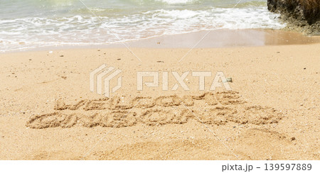 Business welcome onboard concept. Concept word Welcome onboard written on beautiful Red sea sand beach. Beautiful Red sea ocean sand beach background, copy space. Business welcome onboard concept. Business welcome onboard concept. Concept word Welcome onboard written on beautiful Red sea sand beach. Beautiful Red sea ocean sand beach background, copy space. Business welcome onboard concept. 139597889