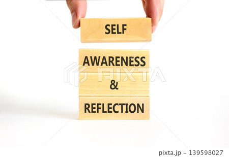 Self awareness and reflection symbol. Concept words Self awareness and reflection on beautiful wooden blocks. Beautiful white background. Psychological self awareness reflection concept. Copy space. Self awareness and reflection symbol. Concept words Self awareness and reflection on beautiful wooden blocks. Beautiful white background. Psychological self awareness reflection concept. Copy space. 139598027