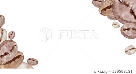 Watercolor coffee bean horizontal frame. Hand drawn  roasted arabica beans in opposite corners. Decorative botanical border for cafe menu, branding and banners. Isolated on white with copy space. 139598151