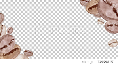 Watercolor coffee bean horizontal frame. Hand drawn  roasted arabica beans in opposite corners. Decorative botanical border for cafe menu, branding and banners. Isolated on white with copy space. 139598151