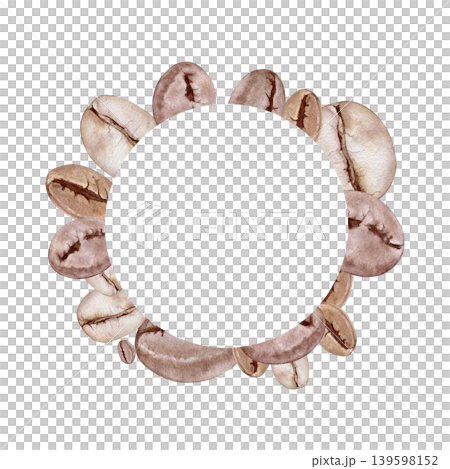 Coffee beans  watercolor  round wreath  illustration. Realistic roasted arabica beans in a circular border sticker template with copy space.  Hand drawn  botanical frame clip art. 139598152