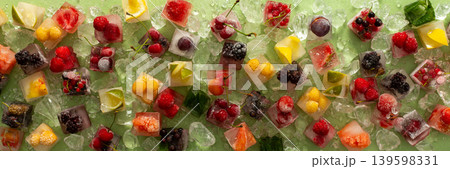Green background with ice cubes with frozen berries and fruits and mint, banner Green background with ice cubes with frozen berries and fruits and mint, banner 139598331