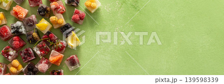 Ice cubes with frozen berries and fruits and mint on a green background, banner 139598339