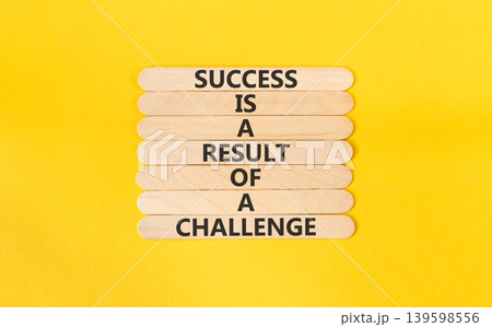 Success and challenge symbol. Concept words Success is a result of a challenge on beautiful wooden sticks. Beautiful yellow paper background. Business success and challenge concept. Copy space. Success and challenge symbol. Concept words Success is a result of a challenge on beautiful wooden sticks. Beautiful yellow paper background. Business success and challenge concept. Copy space. 139598556
