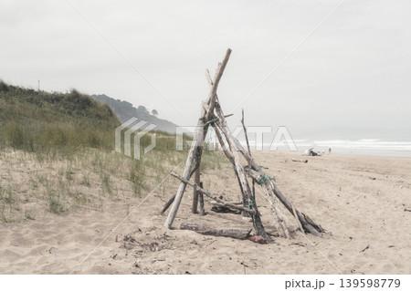 Driftwood structure on Vega Beach in Asturias Driftwood structure on Vega Beach in Asturias 139598779