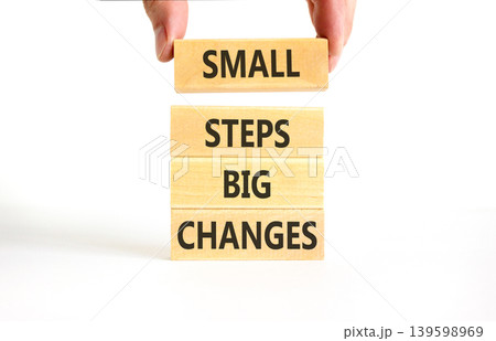 Small steps big changes words symbol. Concept words Small steps big changes on beautiful wooden blocks. Beautiful white background. Business motivational small steps big changes concept. Copy space. Small steps big changes words symbol. Concept words Small steps big changes on beautiful wooden blocks. Beautiful white background. Business motivational small steps big changes concept. Copy space. 139598969