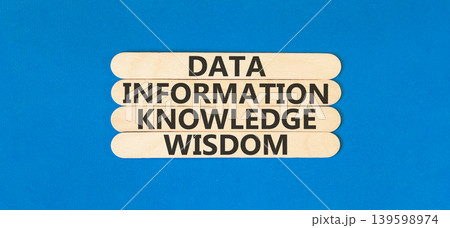 Knowledge Wisdom symbol. Concept words Data Information Knowledge Wisdom on beautiful wooden sticks. Beautiful blue background. Business Knowledge Wisdom Information concept. Copy space. Knowledge Wisdom symbol. Concept words Data Information Knowledge Wisdom on beautiful wooden sticks. Beautiful blue background. Business Knowledge Wisdom Information concept. Copy space. 139598974