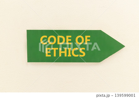 Code of ethics words symbol. Concept words Code of ethics on beautiful green information sign. Beautiful white wall background. Business Code of ethics concept. Copy space. 139599001