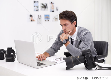Photographer, thinking and editing on computer in office with technology, software and work. Professional, editor and creative person learning on laptop with photoshoot results or cinematography Photographer, thinking and editing on computer in office with technology, software and work. Professional, editor and creative person learning on laptop with photoshoot results or cinematography 139599328