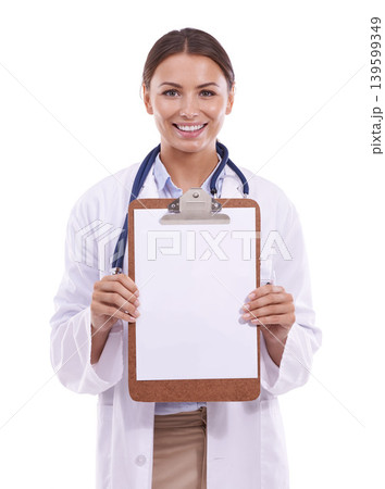 Doctor, portrait and woman with clipboard offer, paper or form mockup in studio on white background. Healthcare, space and face of surgeon with medical documents for hospital, compliance or insurance Doctor, portrait and woman with clipboard offer, paper or form mockup in studio on white background. Healthcare, space and face of surgeon with medical documents for hospital, compliance or insurance 139599349