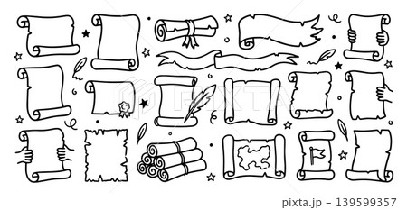 Doodle unrolled scroll icon set hand drawn with black line in freehand style Doodle unrolled scroll icon set hand drawn with black line in freehand style 139599357