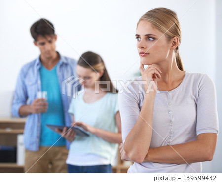 Woman, thinking and tablet with colleagues working and planning design strategy with workers or idea. Man, serious and tech for email, work or project for conversation, workplace or professional Woman, thinking and tablet with colleagues working and planning design strategy with workers or idea. Man, serious and tech for email, work or project for conversation, workplace or professional 139599432