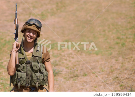 Military, mockup and gun with portrait of man in nature for war, conflict and patriotism. Army, surveillance and security with person and rifle training for soldier, battlefield and veteran space 139599434