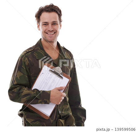 Military, recruitment and clipboard with portrait of man in studio for war, conflict and sign up. Army, surveillance and security with person on white background for soldier, battlefield and veteran 139599506