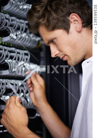 Server room, tools and man for cable maintenance for connectivity, night or thinking at job. Cybersecurity system, it network or person for fiber internet, data center or storage with problem solving 139599538