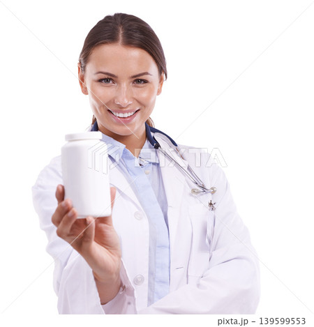 Happy woman, portrait and doctor with medication, pills or medicine bottle on a white studio background. Face of female person, pharmacist or medical nurse smile with drugs or treatment on mockup Happy woman, portrait and doctor with medication, pills or medicine bottle on a white studio background. Face of female person, pharmacist or medical nurse smile with drugs or treatment on mockup 139599553