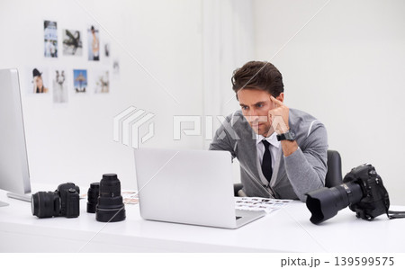 Photographer, working and editing on computer in office with technology, software and thinking. Professional, editor and creative person learning on laptop with photoshoot results or cinematography 139599575