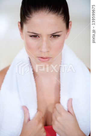Woman, thinking or tired athlete on break after exercise, fitness training or workout, resting in gym. Healthy, fatigue or exhausted person breathing to relax for sports recovery or challenge in USA Woman, thinking or tired athlete on break after exercise, fitness training or workout, resting in gym. Healthy, fatigue or exhausted person breathing to relax for sports recovery or challenge in USA 139599675