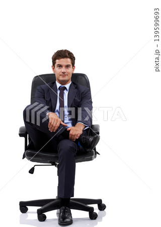 Businessman, portrait and manager sitting in a chair with white background or mock up space in studio. Serious, entrepreneur and waiting on seat with professional style, fashion or suit for work Businessman, portrait and manager sitting in a chair with white background or mock up space in studio. Serious, entrepreneur and waiting on seat with professional style, fashion or suit for work 139599693