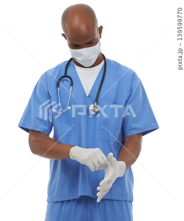 Gloves, man or doctor with a mask, healthcare or employee isolated on white studio background. African person, model or worker with face cover, hospital policy or regulations for safety or protection 139599770
