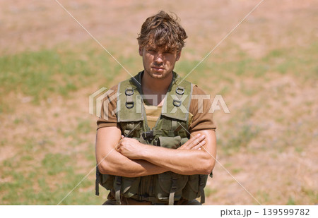 Army, arms crossed and portrait of man in nature for war, conflict and patriotism. Military, surveillance and security with person training on field for soldier, battlefield and veteran protection Army, arms crossed and portrait of man in nature for war, conflict and patriotism. Military, surveillance and security with person training on field for soldier, battlefield and veteran protection 139599782
