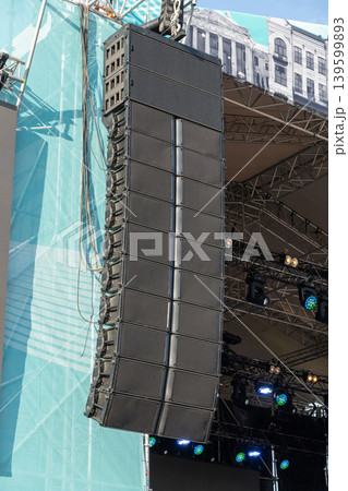 Massive suspended line array speaker stack 139599893