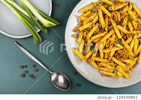 Italian style penne pasta with fried minced meat Italian style penne pasta with fried minced meat 139599901