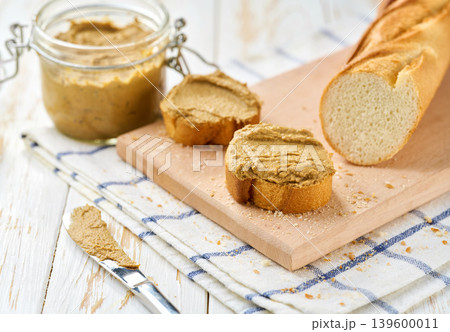 Natural gourmet liver pate spread on a white wooden table, selective focus. 139600011