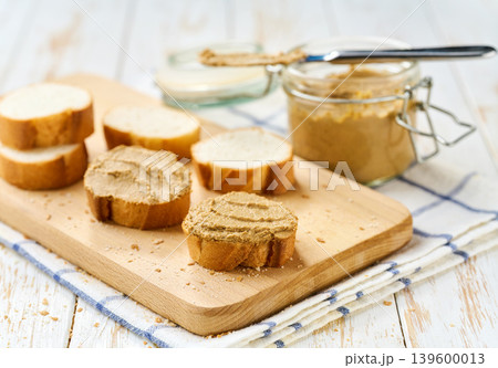 Natural gourmet liver pate spread on a white wooden table, selective focus. 139600013