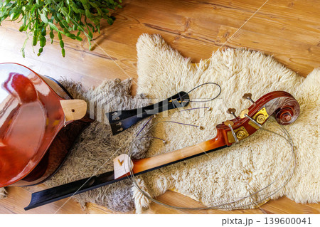 Broken contrabass body and detached neck, fingerboard and scroll on wool blanket with loose strings Broken contrabass body and detached neck, fingerboard and scroll on wool blanket with loose strings 139600041