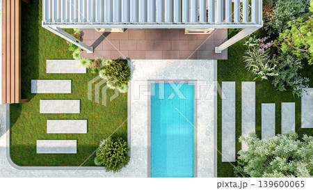 Top view of luxury swimming pool and garden patio with pergola, 3D Rendering Top view of luxury swimming pool and garden patio with pergola, 3D Rendering 139600065