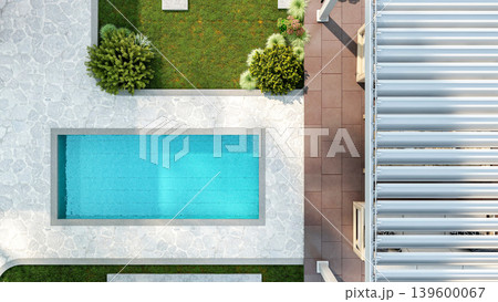 Top view of luxury swimming pool and garden patio with pergola, 3D Rendering Top view of luxury swimming pool and garden patio with pergola, 3D Rendering 139600067
