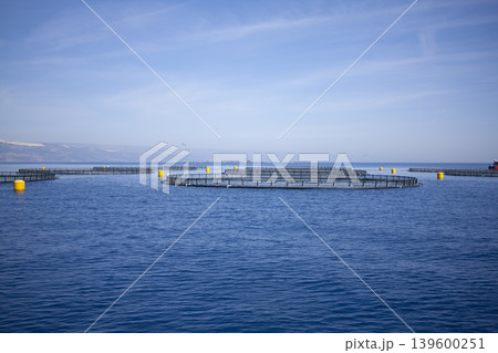 Fish Farm in Mediterranean Sea. Fish Farming and Aquaculture. Fish Farm in Mediterranean Sea. Fish Farming and Aquaculture. 139600251