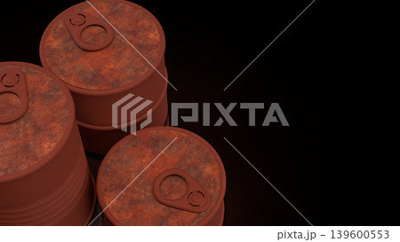 Rusty Oil Barrels In Dark Storage 3d render. Rusty Oil Barrels In Dark Storage 3d render. 139600553