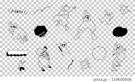 Dancing people with dancing cats & speech bubbles | Line art, hand-drawn illustration, vector Dancing people with dancing cats & speech bubbles | Line art, hand-drawn illustration, vector 139600606