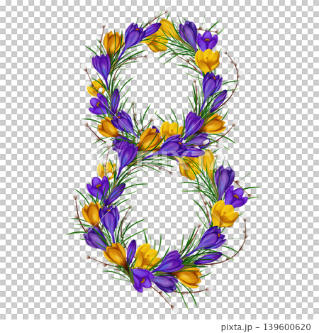 Number eight made of colorful violet and yellow crocuses, green branches, willow branchess, spring flowers. Watercolor. International Women's Day concept or 8th birthday. Floral composition Number eight made of colorful violet and yellow crocuses, green branches, willow branchess, spring flowers. Watercolor. International Women's Day concept or 8th birthday. Floral composition 139600620