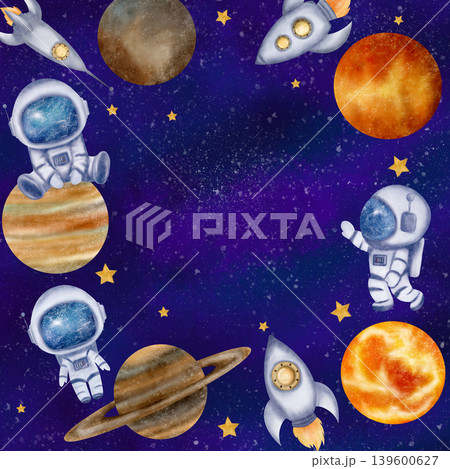 Square frame with astronauts, rockets, spaceships, stars, Sun, clouds, sky Square frame with astronauts, rockets, spaceships, stars, Sun, clouds, sky 139600627