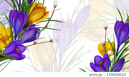 Rectangular frame with with yellow and violet and yellow crocuses, green branches, willow branches Rectangular frame with with yellow and violet and yellow crocuses, green branches, willow branches 139600628