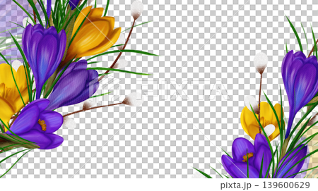 Rectangular frame with with yellow and violet and yellow crocuses, green branches Rectangular frame with with yellow and violet and yellow crocuses, green branches 139600629