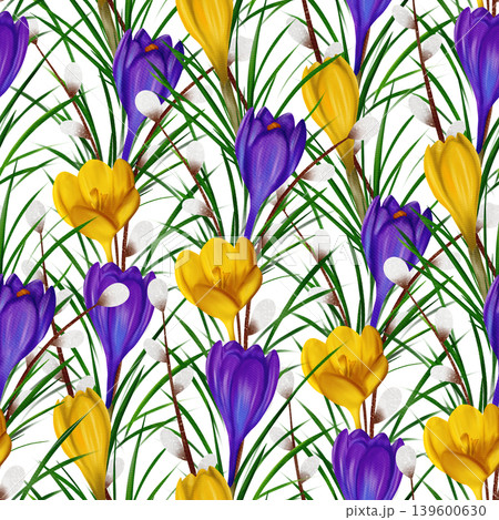 Violet and yellow crocuses, green branches, willow branches. Seamless floral botanical pattern. Digital watercolor Violet and yellow crocuses, green branches, willow branches. Seamless floral botanical pattern. Digital watercolor 139600630